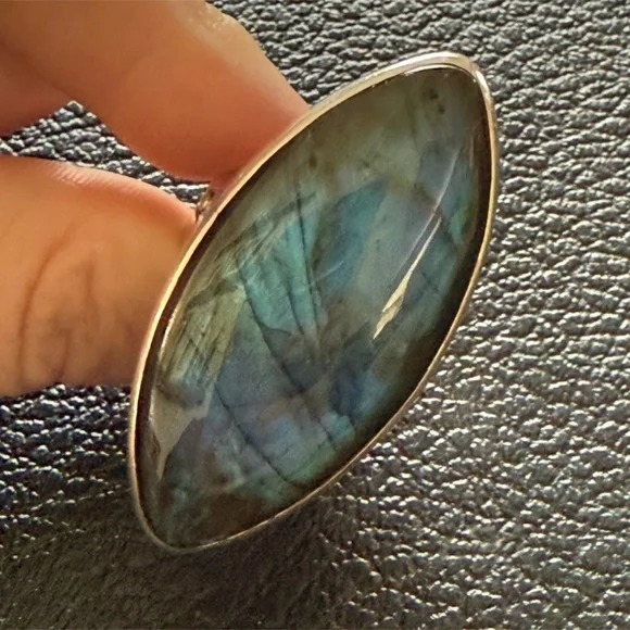 Vintage Sajen Sterling Silver Adjustable Labradorite Marquise Ring Statement Sty - Picture 3 of 8